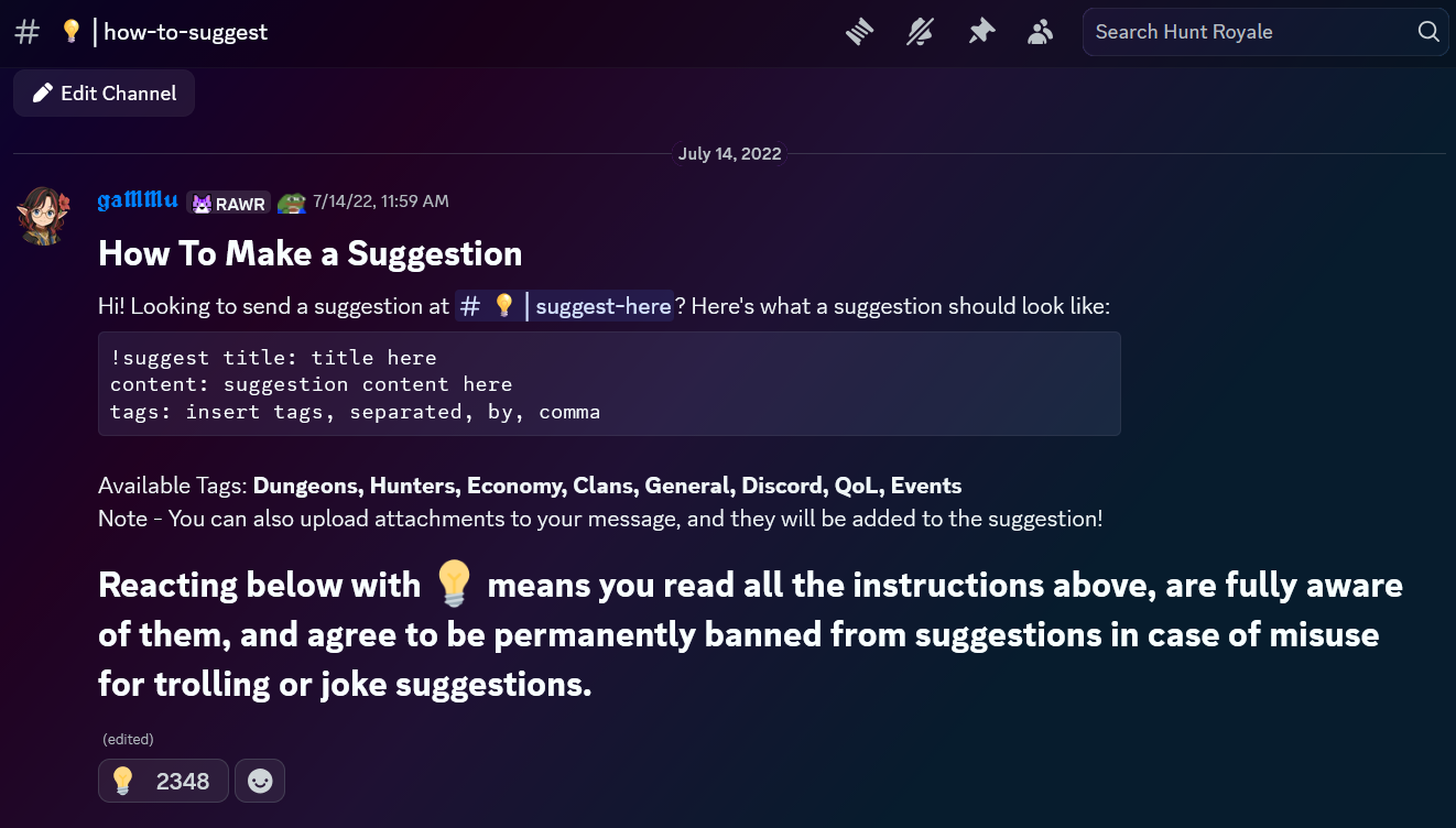 Discord how-to-suggest channel created by gaMMu, showing a structured command, categories, and participation rules.