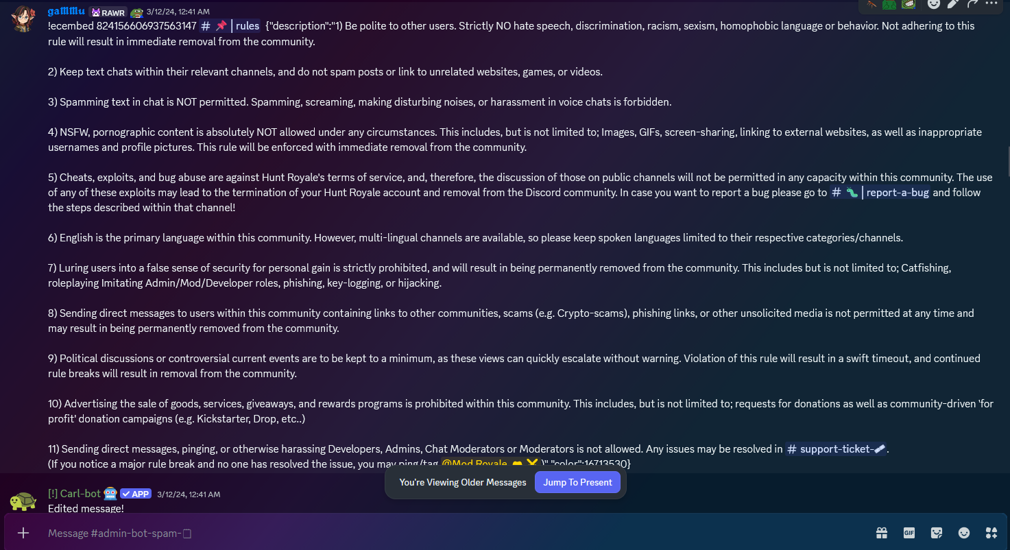 Discord administrator view showing a detailed community rules message configured through a bot command.