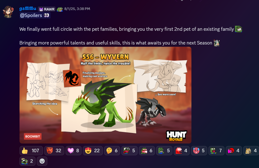 Discord spoiler post by gaMMu previewing an upcoming Hunt Royale season pet and receiving many reactions.
