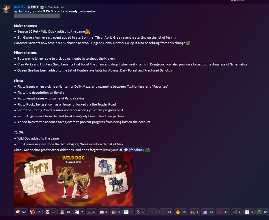 Discord patch notes announcement by gaMMu with organized update highlights, fixes, and a visual asset.